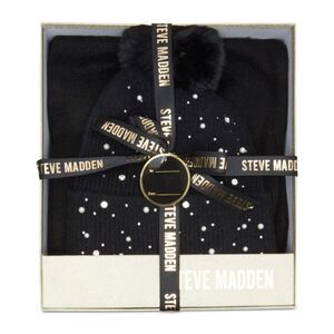 Steve Madden Women’s Embellished Beanie & Scarf Gift Set — Black — New in Box